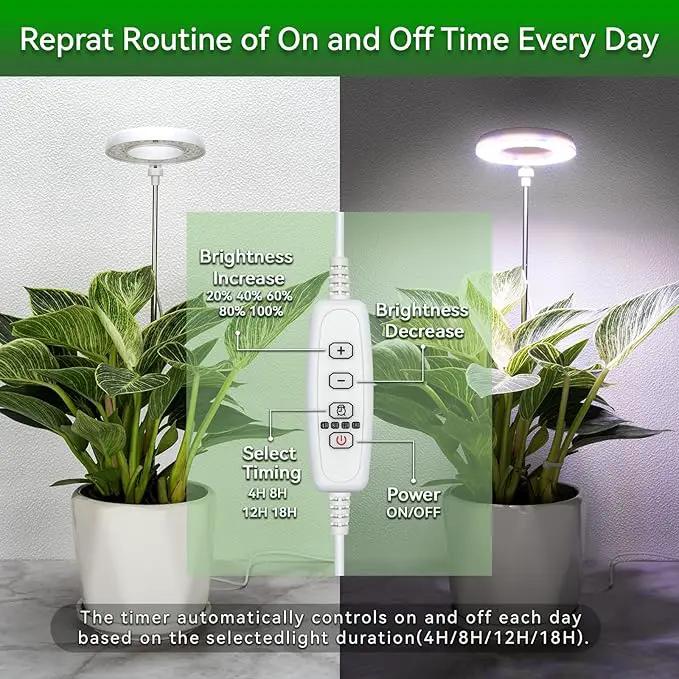 Grow Light for Indoor Plants, Full Spectrum 48LEDs Small Grow Light, Plant Light Super Bright with 4/8/12/18H Auto Timer, Dimmable, Adjustable Height 7"-17", Halo Φ3.5", Power Cord 78", Plug Included by GreenHaven Gardens