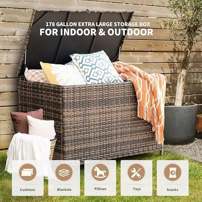 178 Gallon Outdoor Storage Box, Handle Large Portable Wicker Rattan Deck Box for Patio Furniture Cushions, Patio Deck Box with 2 WheelsThrow Pillows, Garden Tools and Pool Floats (Brown) by GreenHaven Gardens