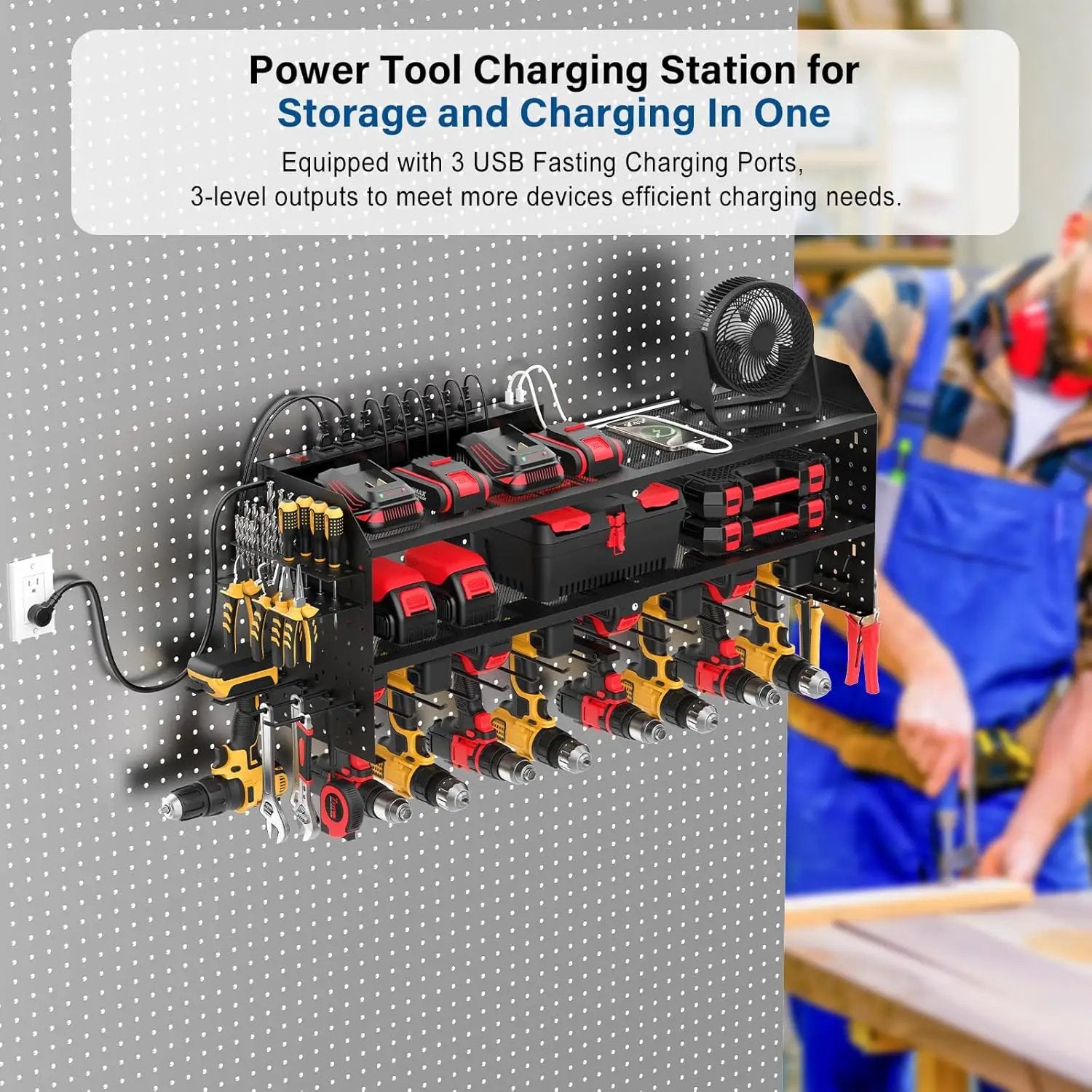 JUNNUJ Large Power Tool Organizer Wall Mount with Charging Station. Garage 8 Drill Holder Tools Battery Storage Shelf, Heavy Duty Utility Storage Rack Built in 8 Outlet 3 USB 6 FT Power Strip by GreenHaven Gardens