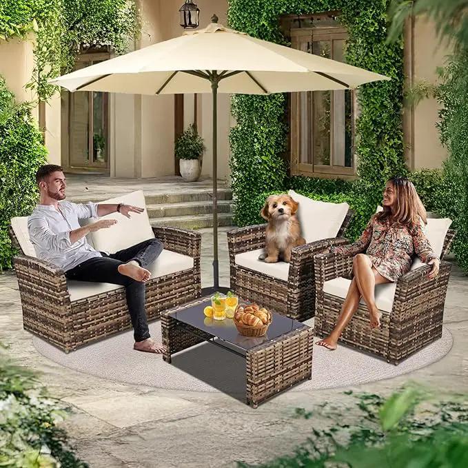 4 Piece Outdoor Patio Furniture Set,Wicker Conversation Sets Outdoor Sectional Patio Sofa Couch with Cushions & Coffee Table for Outside, Garden, Balcony, Porch,Yellow/Beige by GreenHaven Gardens