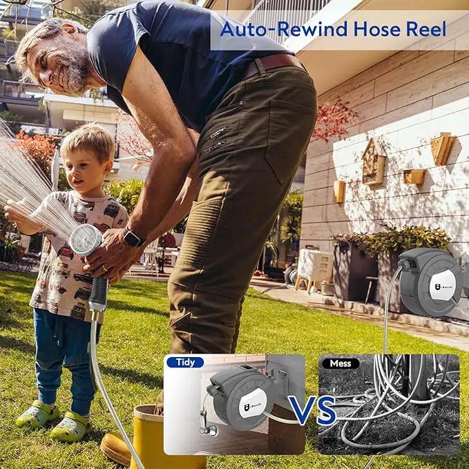 Retractable Garden Hose Reel,1/2 in x 50 ft Wall Mounted Hose Reel,10-Pattern Spray Nozzle, Any Length Lock/Slow Return System/Wall Mounted/180°Swivel Bracket by GreenHaven Gardens
