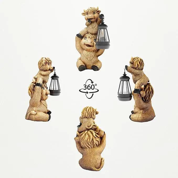 Highland Cow Statues with Solar Lights, Highland Cow Resin Figurine Lights, Highland Cow Ornaments for Patio, Balcony, Indoor Decoration and as Gifts by GreenHaven Gardens