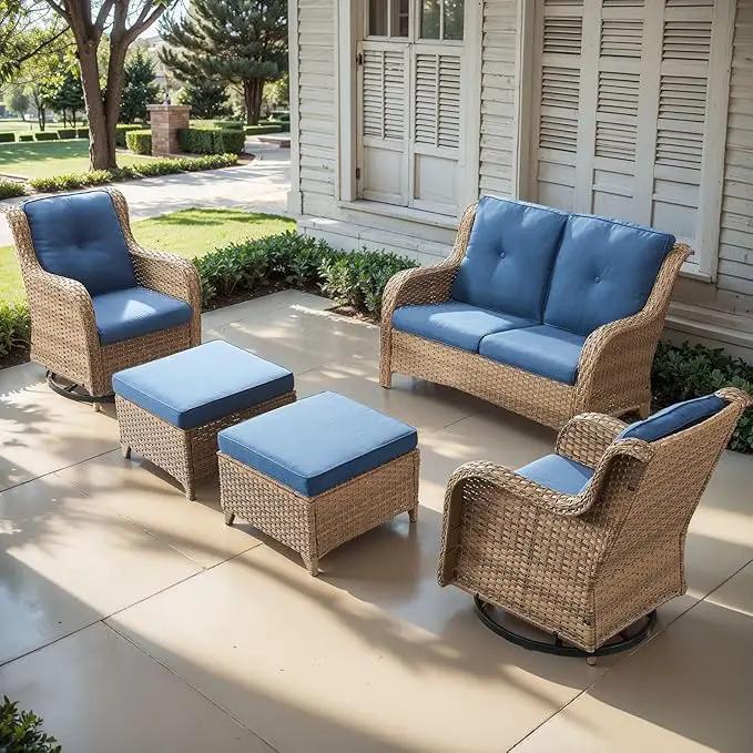 Outdoor Wicker Patio Furniture Set - 5 Piece Rattan Patio Conversation Set with 2 Rocking Swivel Chairs,2 Ottomans and 1 Loveseat for Porch Deck Backyard Garden(Yellow/Blue) by GreenHaven Gardens