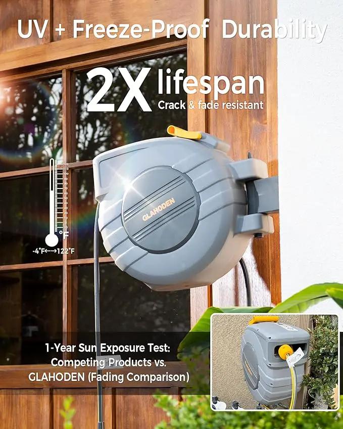 Retractable Garden Hose Reel 1/2 in x 130 ft, 2025 Upgraded Dual Ratchet Lock UV & Freeze Protection Brass Seal Slow Retraction Anti-Tangle Hose 180°Swivel Reinforced Scaffold Wall Mount by GreenHaven Gardens