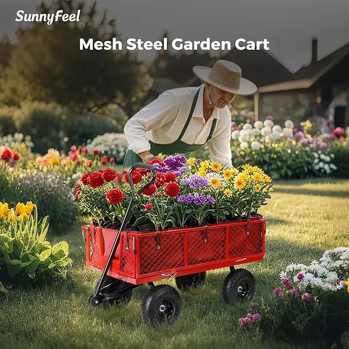 SUNNYFEEL 900 Lbs Capacity Heavy Duty Mesh Steel Garden Cart,Folding Utility Wagon with Removable Side Nets, Non-Slip Rubber Base, Red,Upgraded Version by GreenHaven Gardens