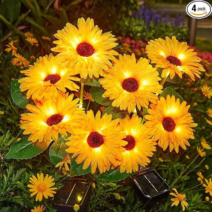 4 Pack Outdoor Solar Garden Lights with 16 Glowing Daisy Flowers & Stems, Waterproof Auto ON/Off Solar Flowers Lights for Yard Patio by GreenHaven Gardens