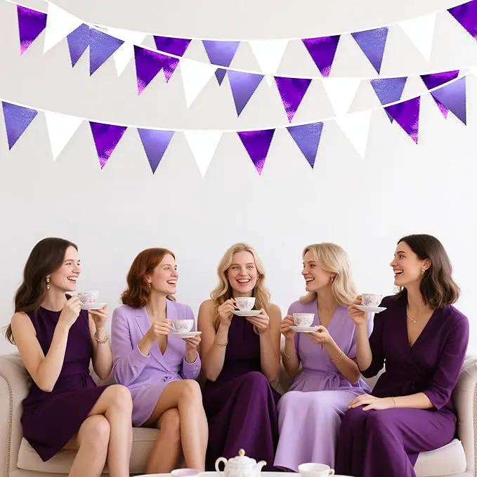 Purple and White Party Decorations Metallic Fabric Ombre Purple White Triangle Pennant Banner Flag Bunting for Graduation Birthday Engagement Wedding Bachelorette Lavender Lilac Violet Party Supplies by GreenHaven Gardens