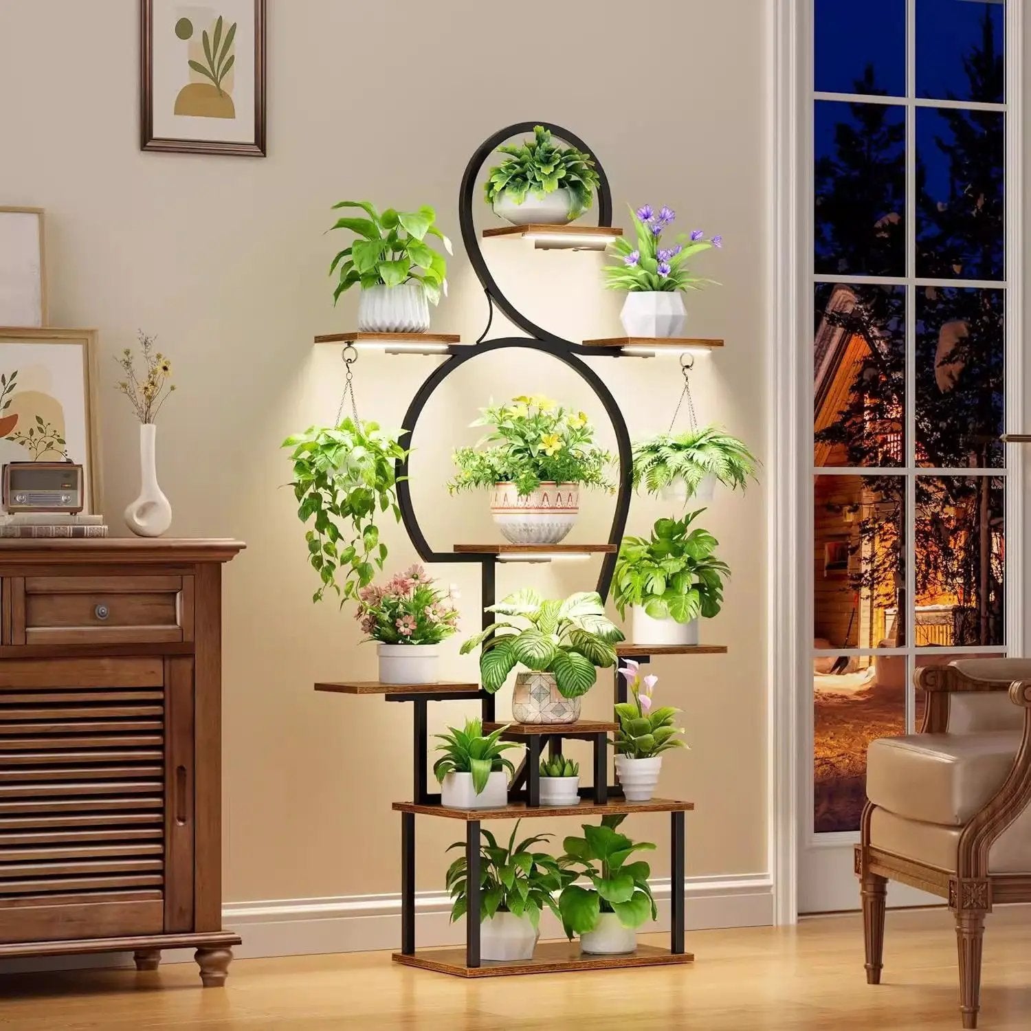 Plant Stand Indoor With Grow Light, 9 Tiered 63" Tall Indoor Plant Shelves For Multiple Plants - Walnut / Black by Unique Piece Furniture