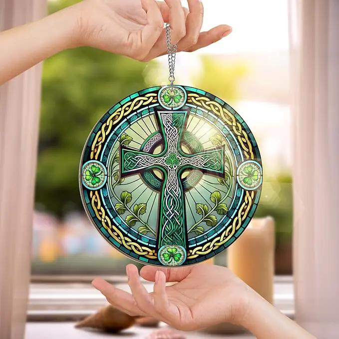 St Patricks Day Decorations - Irish Gifts for Men Women Friends Family, St Patricks Day Accessories, Celtic Cross Home Decor - Double Layered Hanging Suncatcher 8 in by GreenHaven Gardens