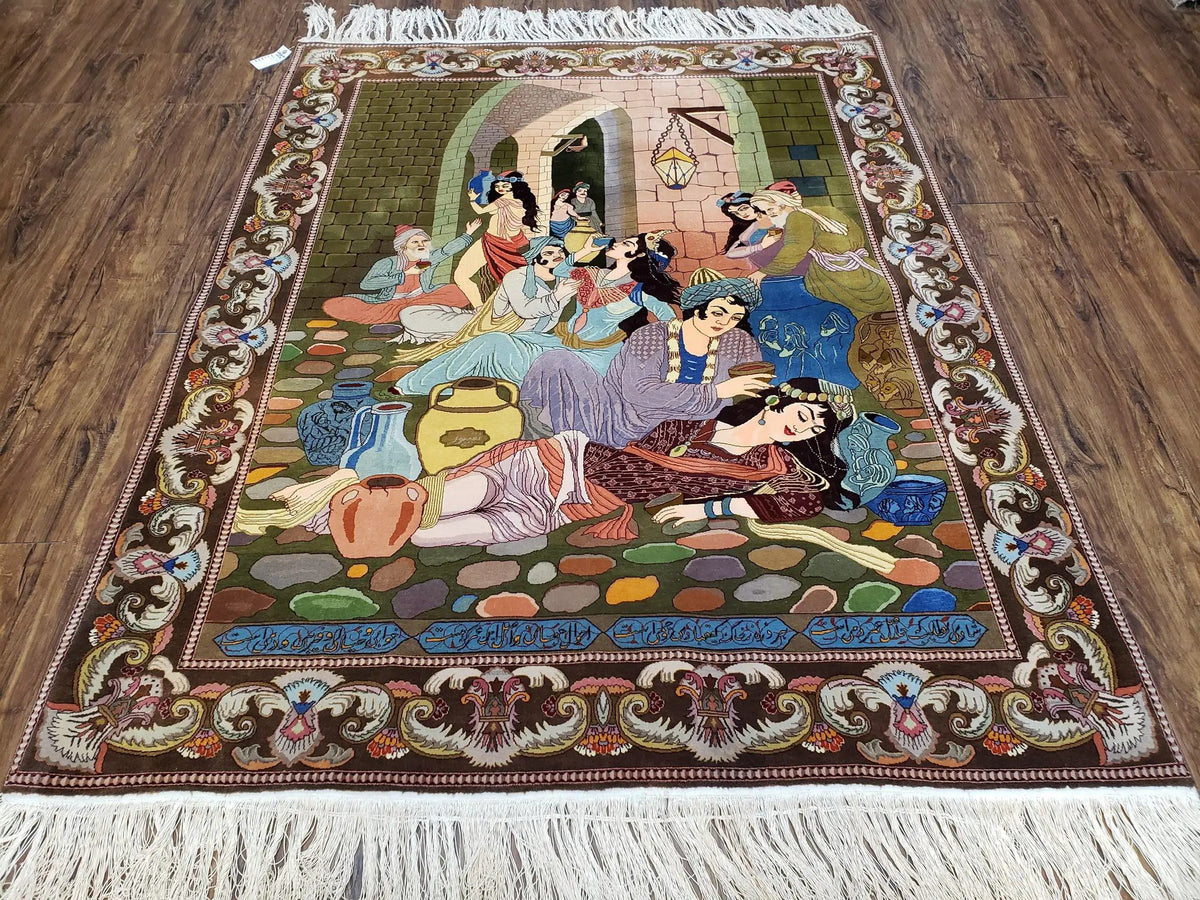 Semi Antique Persian Isfahan Pictoral Rug 4.10x6.1, Wool Handmade High Quality Decorative Carpet by Jewel Rugs