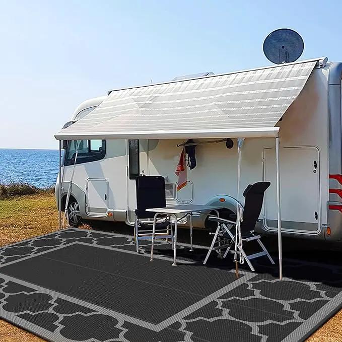 GENIMO 10 ' x 14 ' Outdoor Rug Waterproof for Patio Decor, Foldable Reversible Plastic Straw Area Rugs Mat for Camper, Outside Carpet for Rv, Deck, Porch, Picnic, Beach, Balcony, Black & Grey by GreenHaven Gardens