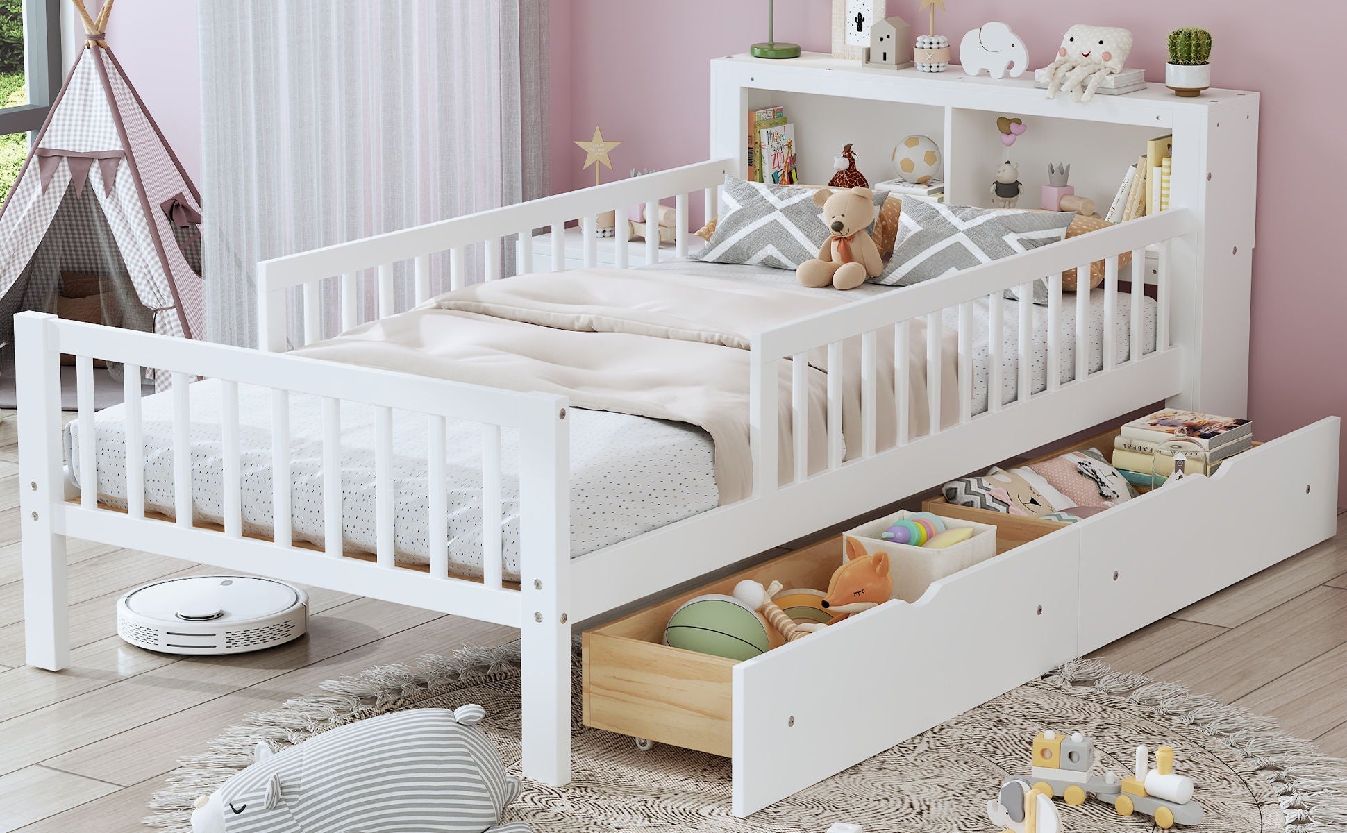Bed With Headboard Storage Rack, 2 Under Bed Drawers, 3 Side Guardrails For Safety by HouseOfZazla