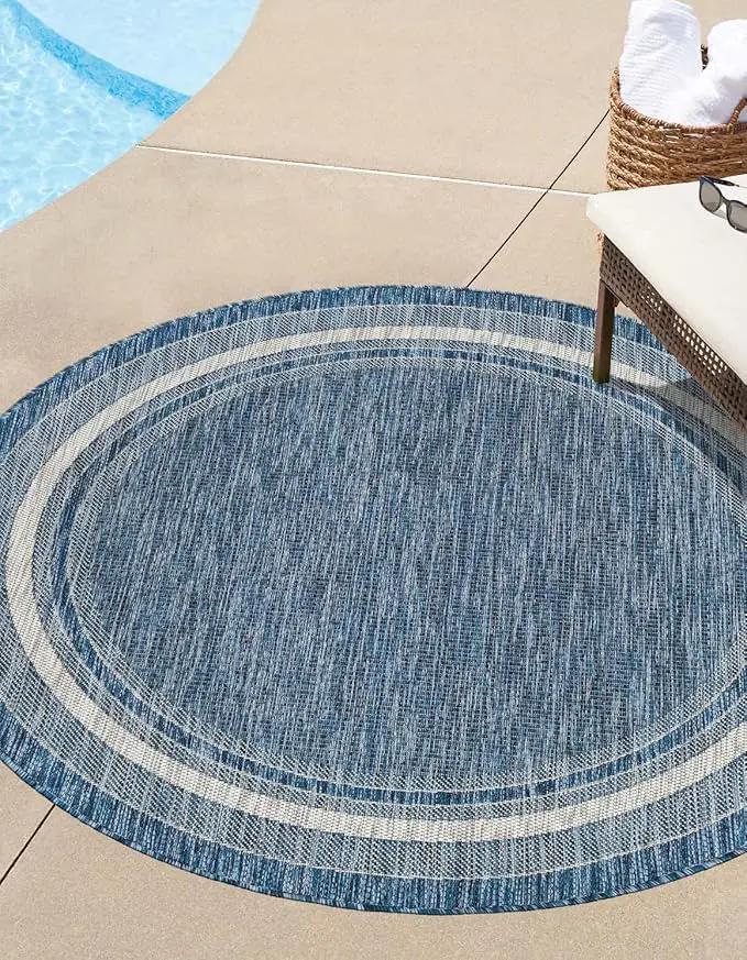 Unique Loom Outdoor Border Collection Area Rug - Soft Border (10' Round Blue/Ivory) by GreenHaven Gardens