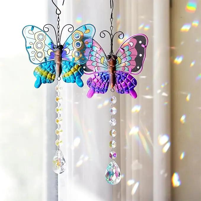 Set 2 Metal Butterfly Suncatchers for Windows - 14" Outdoor Fence Wall Art Decor, Rainbow Prisms Sun Catchers with Crystals Hanging for Home Garden Ornament by GreenHaven Gardens