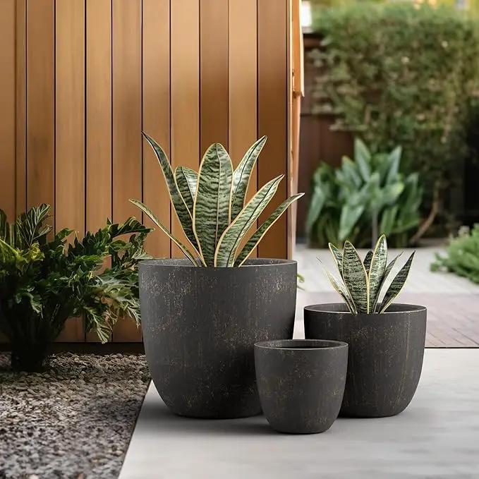 Kante 18",14",10" Dia Concrete Round Planters (Set of 3), Outdoor Indoor Large Planter Pots with Drainage Hole and Rubber Plug for Home Patio Garden, Oil Rubbed Bronze by GreenHaven Gardens