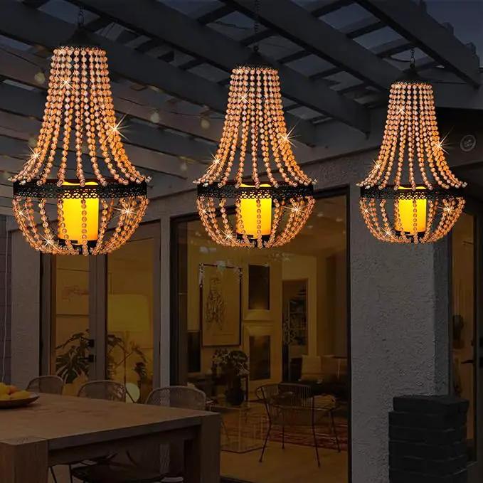 Hanging Candle Chandelier Outdoor, Battery Operated Clear Acrylic Beaded Chandelier with Flickering Led Candle Light S Hooks Modern Lantern for Garden Yard Patio Gazebo Room Indoor Decorations, 27”H by GreenHaven Gardens