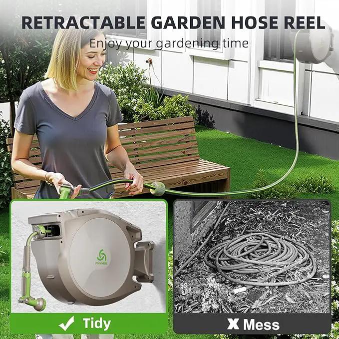 PINWHEEL 5/8in 100FT Retractable Garden Hose Reel, Automatic Retractable Hose with 10-Pattern Spray Nozzle, 180° Swivel Bracket, 3-Layer PVC Durable Water Hose for Yard Lawn Care (100 FT) by GreenHaven Gardens