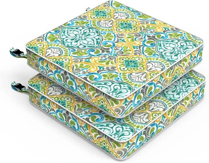 LVTXIII Patio Chair Cushions 19"x19"x3", Water-Repellent Outdoor Seat Cushions for Patio Furniture, Square Chair Pads with Ties for Home Garden Decoration, Set of 2, Damask Green by GreenHaven Gardens