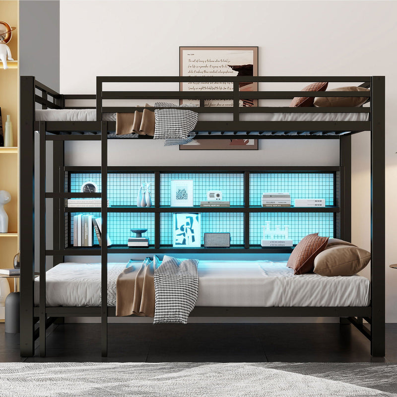 Queen Over Queen Bunk Bed with Storage Cabinets and LED - Black, photo 9 of 12