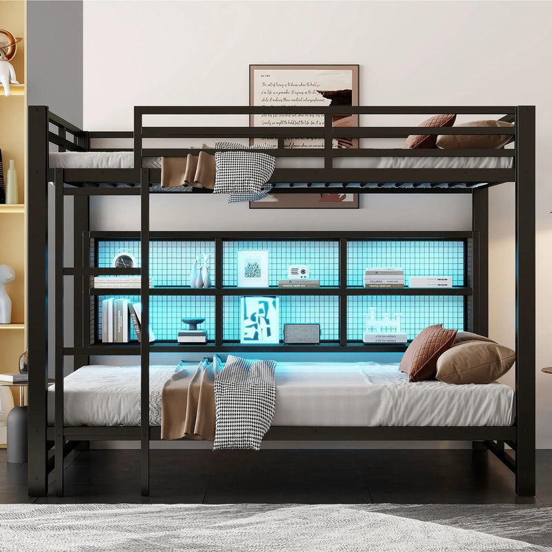 Queen Over Queen Bunk Bed With Storage Cabinets And LED Sturdy Frame, 6 Storage Units, Adjustable LED Lights - Black by HouseOfZazla