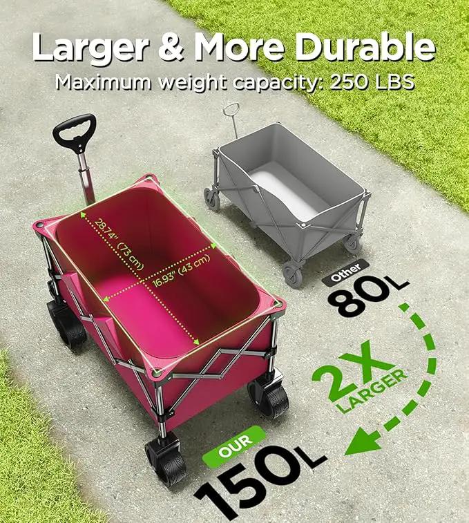 Beach Wagon,Collapsible-Wagon 220lbs with Big Wheels FoldableWagon Carts,Portable Utility for Garden Grocery Sports Camping All Terrain-Pink by GreenHaven Gardens