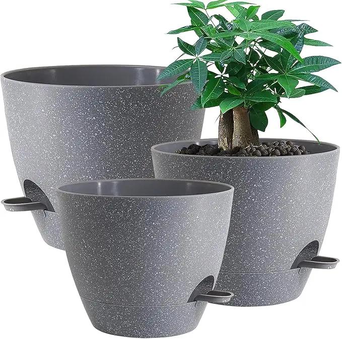 Large Self Watering Pots, 12/10/9 Plastic Planters with High Drainage Holes and Deep Reservoir for Indoor Outdoor Garden Plants and Flowers, Grey Speckles by GreenHaven Gardens