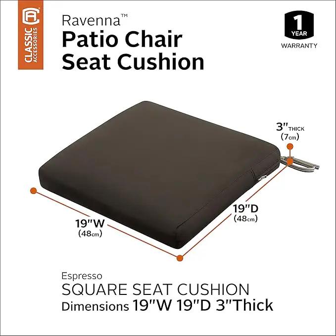 Classic Accessories Ravenna Water-Resistant 19 x 19 x 3 Inch Patio Seat Cushion, Espresso, Chair Seat Cushion by GreenHaven Gardens