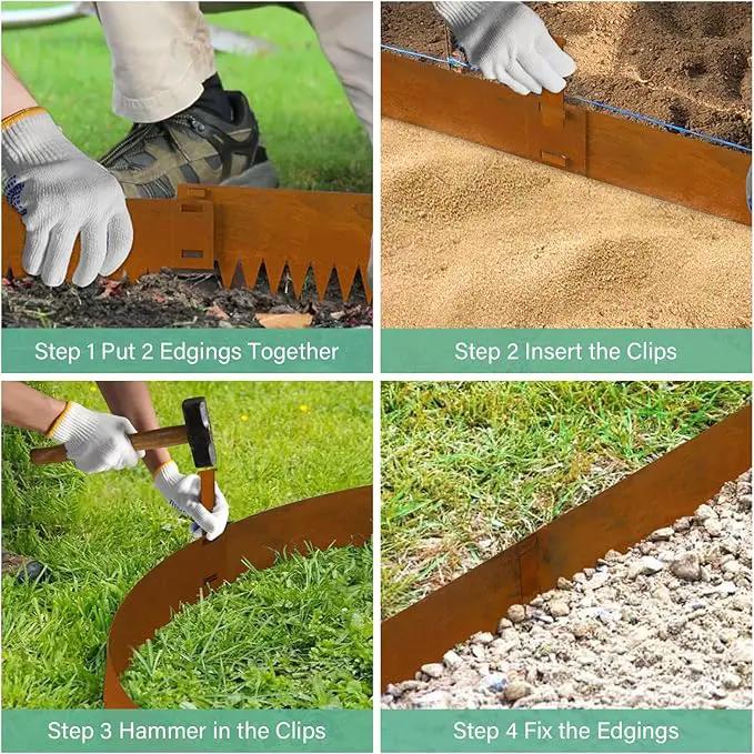 Cor Ten Steel Landscape Edging, 8Hx40L-Inch Metal Garden Edging, 6-Pack Hammer in Landscape Edging with 6 Clips and Gloves, Rustic by GreenHaven Gardens