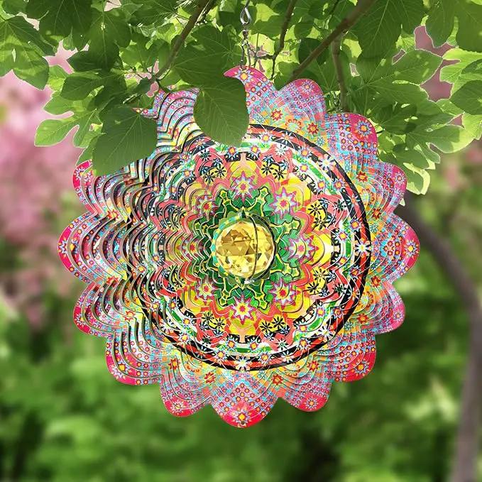 FONMY Mandala Wind Spinner w/Crystal Ball-Romatic Flower 3D Stainless Steel Hanging Spinners Worth Gift Christmas Decoration Indoor/Outdoor Garden Décor Kinetic Yard Art 12 Inches Wind Sculpture by GreenHaven Gardens