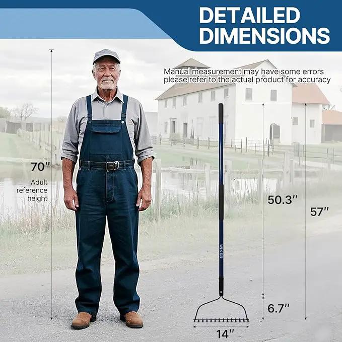 57 Inch Heavy Duty Garden Rake with Blue Fiberglass Handle - 14-Tooth Metal Yard Rake for Gardening, Farming, and Yard Work - Durable Hard Rakes for Heavy Duty Use by GreenHaven Gardens