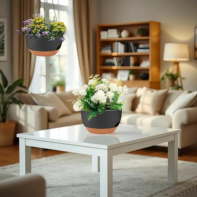 2 Pack 12 Inch Large Hanging Planters with Chains Self Watering Black Brown Plastic Hanging Pots for Indoor Outdoor Plants, Garden Porch Home Decor，Black Brown by GreenHaven Gardens