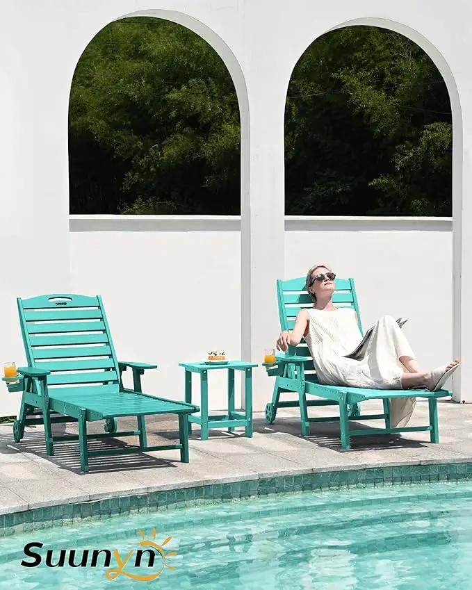 Lounge Chair Outdoor Set of 2, HDPE Chaise Lounge Chair Outdoor with 6-Position & Wheels &Cup Holder, Pool Lounge Chair for Pool Poolside Deck Backyard Patio, Lake Blue by GreenHaven Gardens