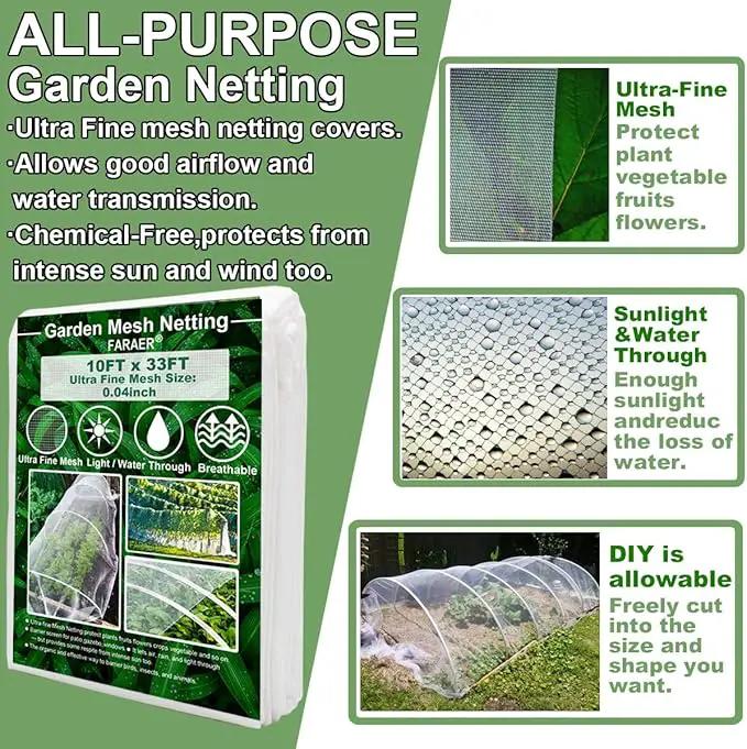 Garden Netting, Plant Covers 10x33Ft Net Ultra Fine Mesh Protection Netting for Vegetable Plants Fruits Flowers Crops Greenhouse Row Cover Raised Bed Barrier Screen Protection Net Cover by GreenHaven Gardens