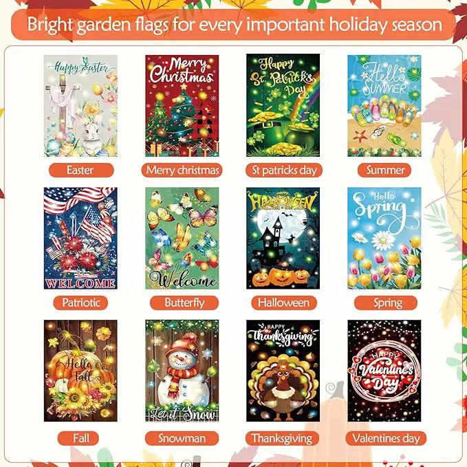 12 Pcs Solar Seasonal LED Garden Flags 28 x 40 Inch Double Sided Yard Flags Spring Easter Halloween Fall Thanksgiving Day Decorations Welcome Garden Flag Lawn Yard Outdoor Holiday Decoration by GreenHaven Gardens