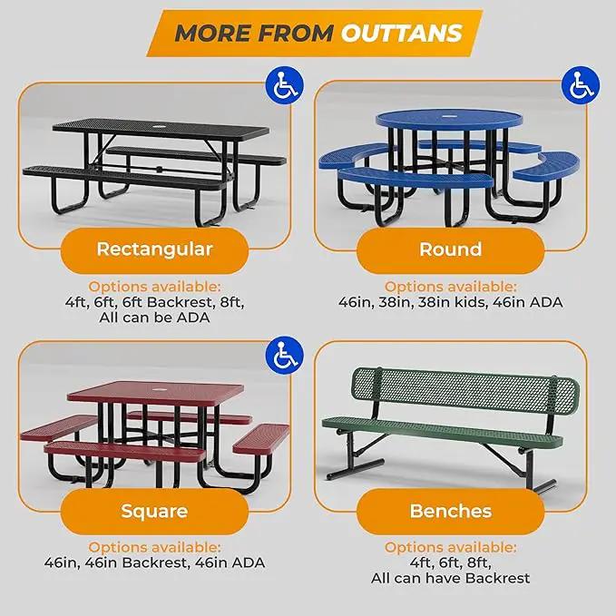 Metal Picnic Tables for Outdoors with Umbrella Hole - Coated Steel Heavy Duty Commercial Grade Table with Adjustable Seats (Blue, 46 in, Round, Punched Steel) by GreenHaven Gardens