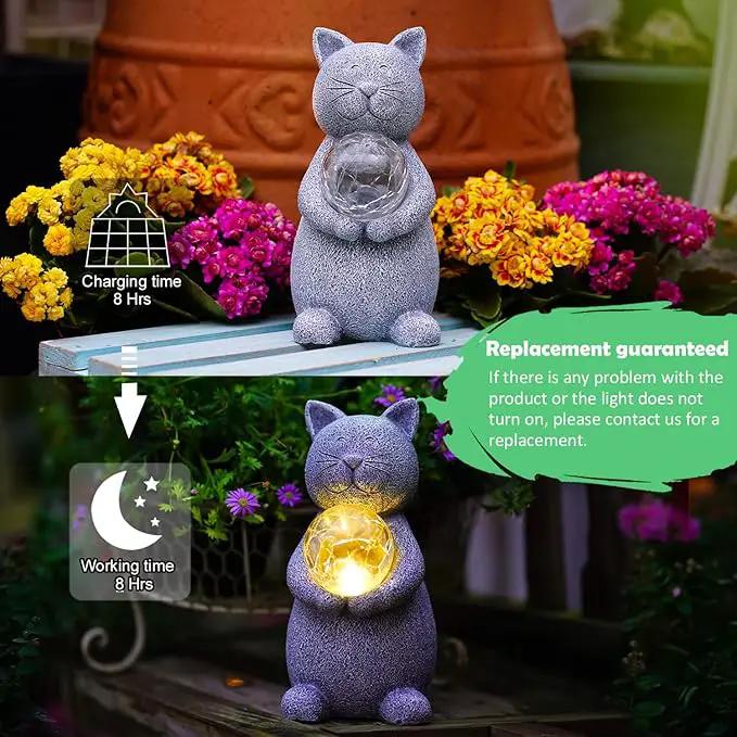 Solar Cat Statue - Garden Decor with LED Lights, Perfect for Mom or Grandma (Gray Cat) by GreenHaven Gardens