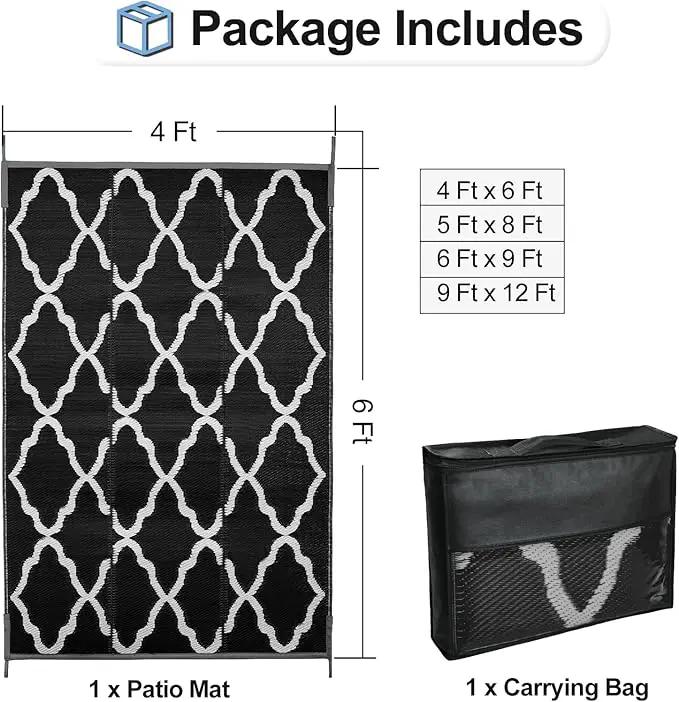 OutdoorLines Outdoor Plastic Area Rugs for Patio 4x6 ft - Reversible Outside Carpet, Stain & UV Resistant RV Mats, Straw Rug for Camping, Deck Garden, Porch and Balcony, Moroccan Black & Light Grey by GreenHaven Gardens