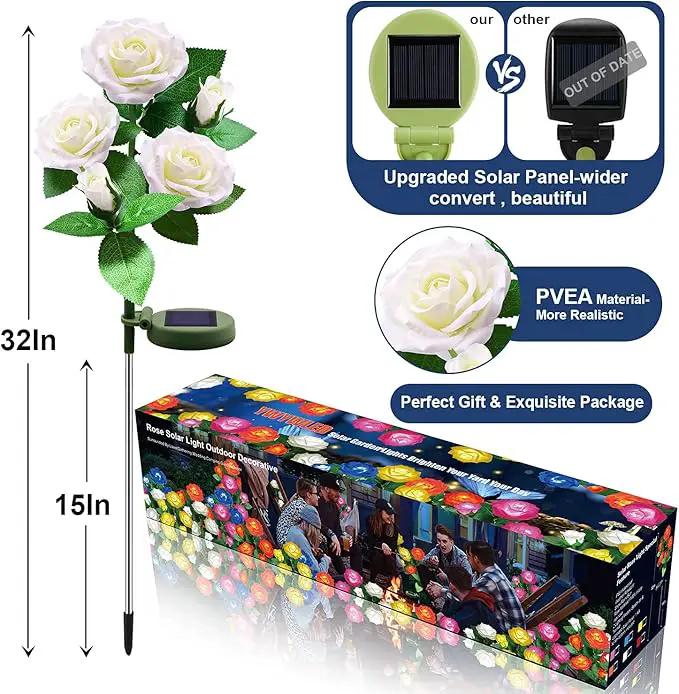 Solar Flower Lights Outdoor - Upgraded New Material Two Modes Realistic LED Solar Powered Waterproof Lights with 5 Roses, Solar Decorative Stake Lights for Garden (White, 2 Pack) by GreenHaven Gardens