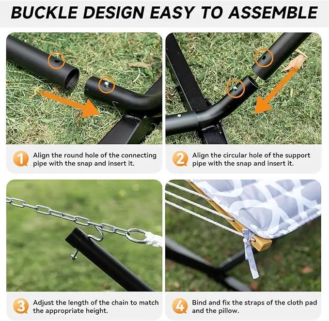2 Person Outdoor Hammock with Stand, Cotton Rope Hammock with Polyester Pad, Adjustable Steel Frame, Portable with Carrying Bag – for Patio, Backyard, Garden, Beach, White-Gray by GreenHaven Gardens