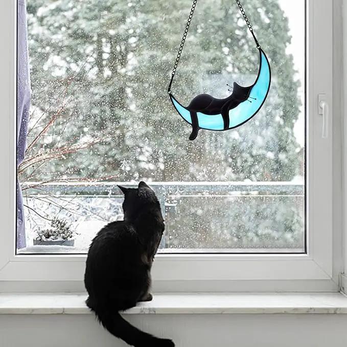 BOXCASA Sleeping Cat Stained Glass Windown Hanging,Black Cat on Moon Beautiful Handcrafted Sun Catcher Gifts for Daughter,Mothers Day,Christmas and Cat Lover by GreenHaven Gardens