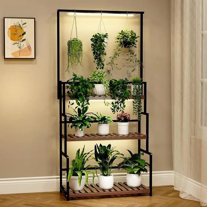 Hanging Plant Stand with Grow Light, 3 Tier Metal Plant Stand for Indoor Plants Multiple, Large Plant Shelf Display Holder, Ladder Shape Plant Rack for Living Room, Patio, Balcony by GreenHaven Gardens
