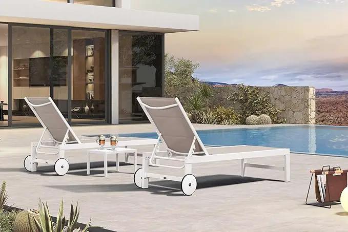 PURPLE LEAF Outdoor Chaise Lounge Staight Legs Adjustable Sunbathing Recliner with Side Table Khaki 2 Sets by GreenHaven Gardens