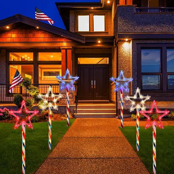 Solar Pathway Lights Outdoor 4th of July Decorations, 2 Sets of 6 Red White and Blue Star Walkway Lights With 180 LED, Waterproof Remote Control Timed Patio for Lawn Garden Decor by GreenHaven Gardens
