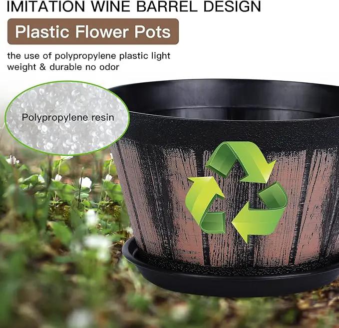 Quarut 8 inch Brown Plastic Whiskey Barrel Plant Pots Set of 4 with Drainage Holes and Saucer for Indoor and Outdoor Garden Home Plants by GreenHaven Gardens