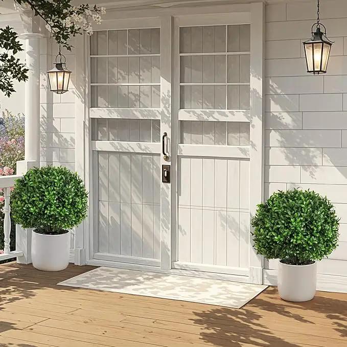 Artificial Olive Leaf Boxwood Topiary Ball Trees, Set of 2 UV Resistant 16in Outdoor Plants – Artificial Bonsai, Miniature Trees, Garden, Curb Appeal by GreenHaven Gardens