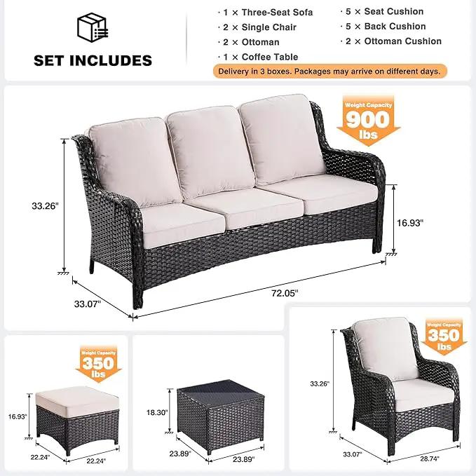 ovios 6 Pieces Patio Furniture Set, Outdoor Wicker Sofas with Glass Coffee Table and Comfy Cushions, All Weather High Back Couch Set for Deck Porch, Brown Rattan, Beige by GreenHaven Gardens