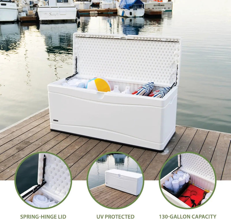 LIFETIME Outdoor Storage Deck Box, 130 Gallon, Arctic White, Lockable, UV-Protected, for Decks and Marine Docks by GreenHaven Gardens