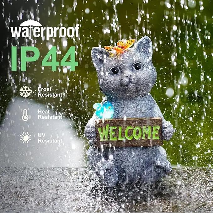 Solar Cat Figurine Garden Statues : Outside Welcome Cat Statue with Butterfly for Garden Decor and Yard Decorations - Unique Gifts for Women and Mom by GreenHaven Gardens