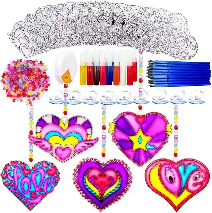 AUEKIV 30 Sets Valentine's Heart Suncatchers Craft DIY Kit Window Paint Art Suncatchers Valentine's Day Heart Sun Catcher Art Crafts Supplies for Valentine Gift Exchange Classroom Activities by GreenHaven Gardens