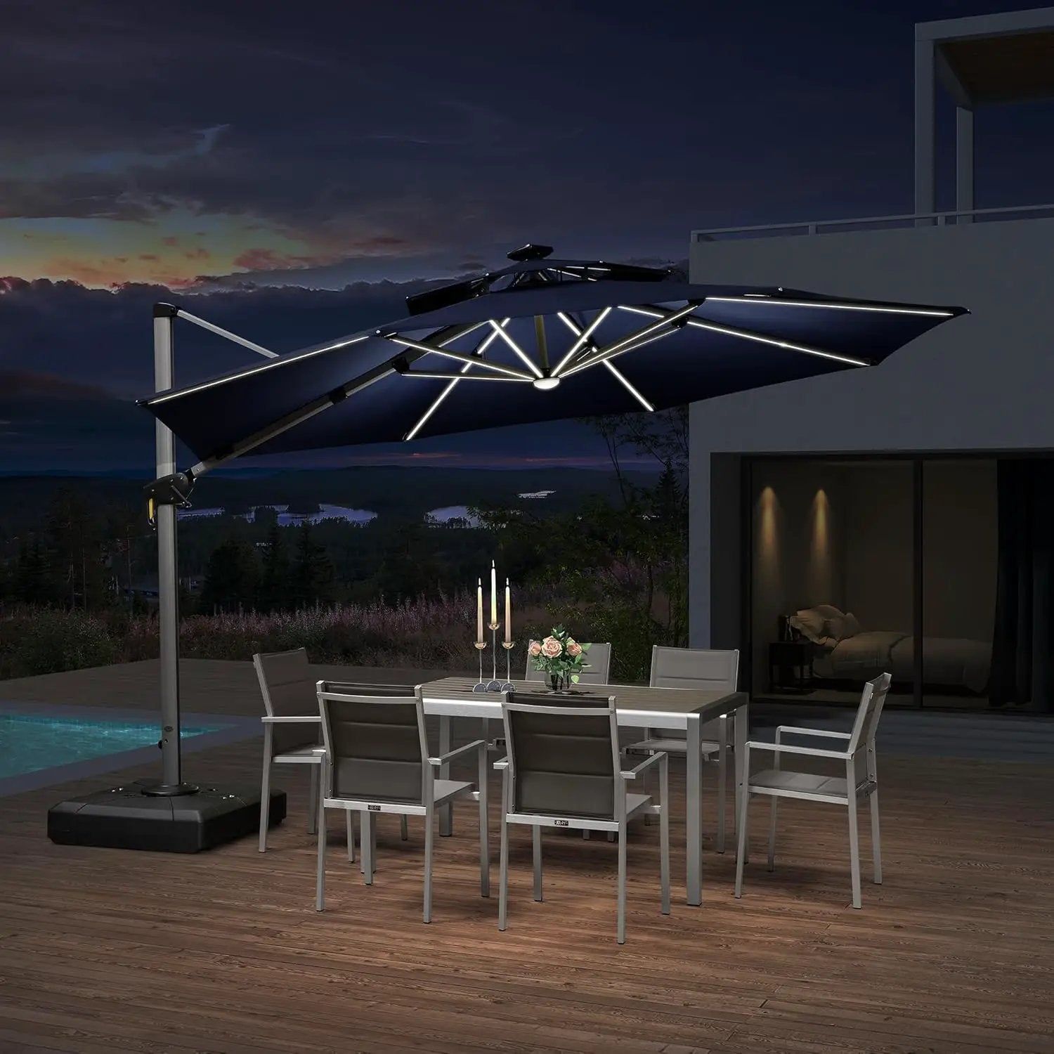 PURPLE LEAF 12ft Patio Umbrella With Base Solar powered LED Cantilever Umbrella with LED lights Windproof Outdoor Offset Umbrella for Garden Deck Pool Patio, Navy Blue by GreenHaven Gardens